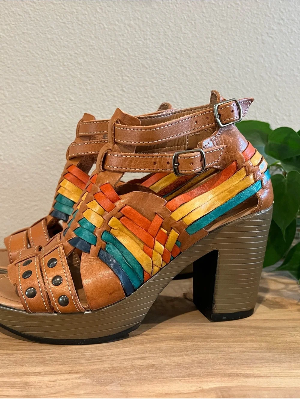 Tan Leather Platform Sandals with Multicolor Woven Accents